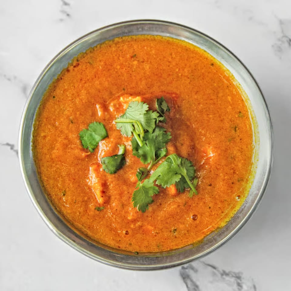 Close-up of a vibrant orange Indian curry, garnished with fresh green cilantro in a metal bowl.